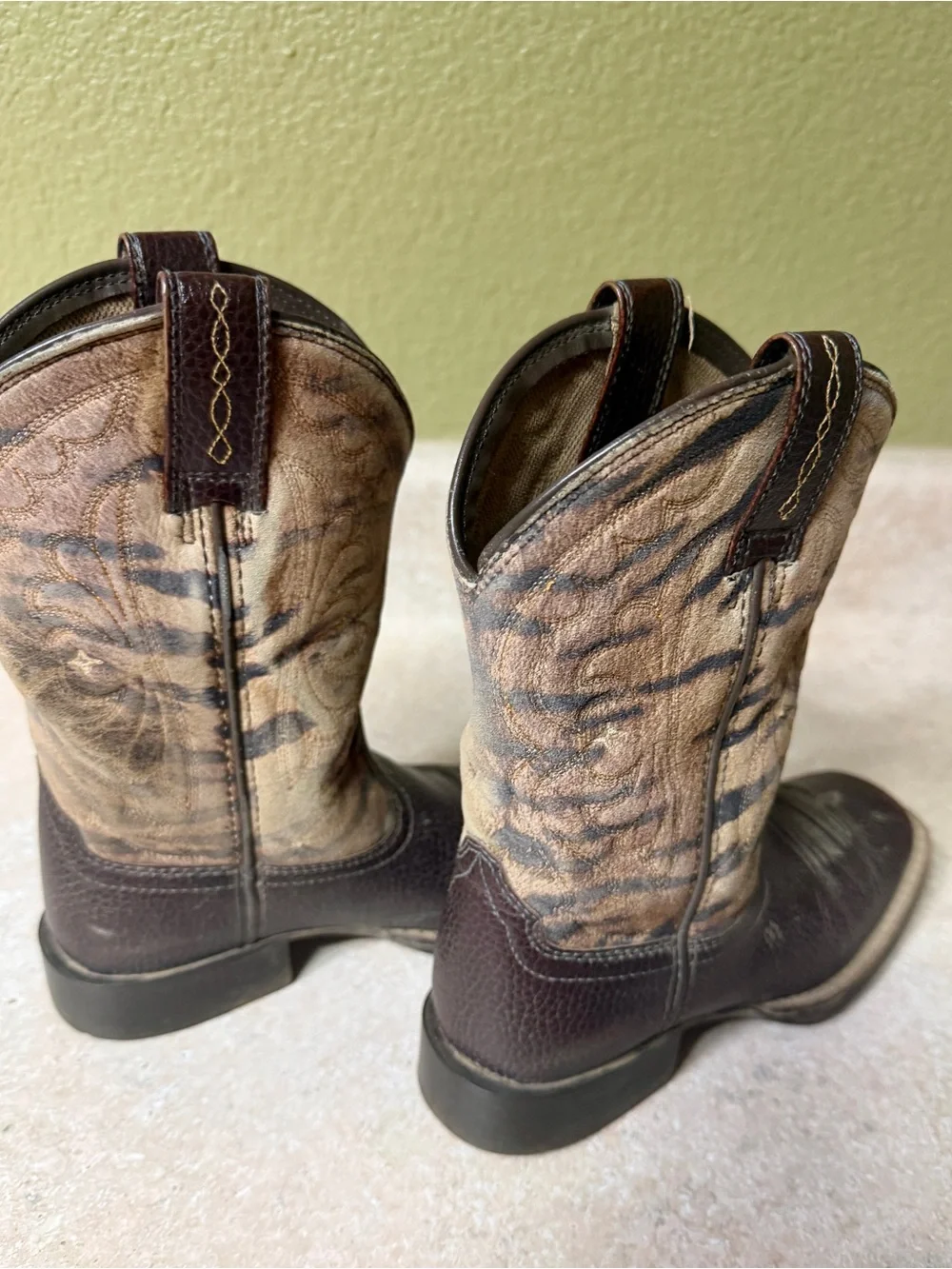 Girls Brown Leather Western Cowboy Boots with Tan tiger print Embroidered Shaft